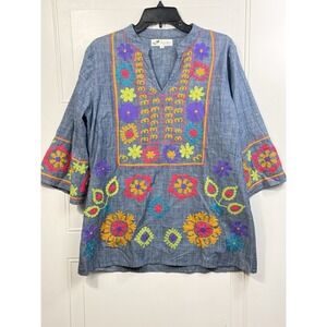 Women's angel heart boutique blue embroidered top size‎ large EUC